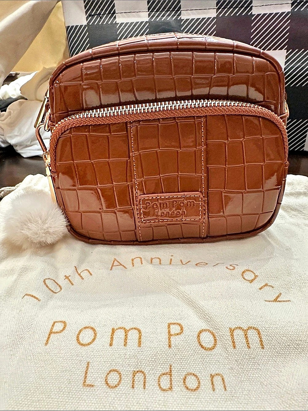 Pom London Original Bag in Croc Chestnut Crossbody Brown